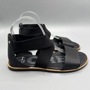 Sorel Ella Sandals Womens Elastic Criss Cross Flat Black Leather Size 8